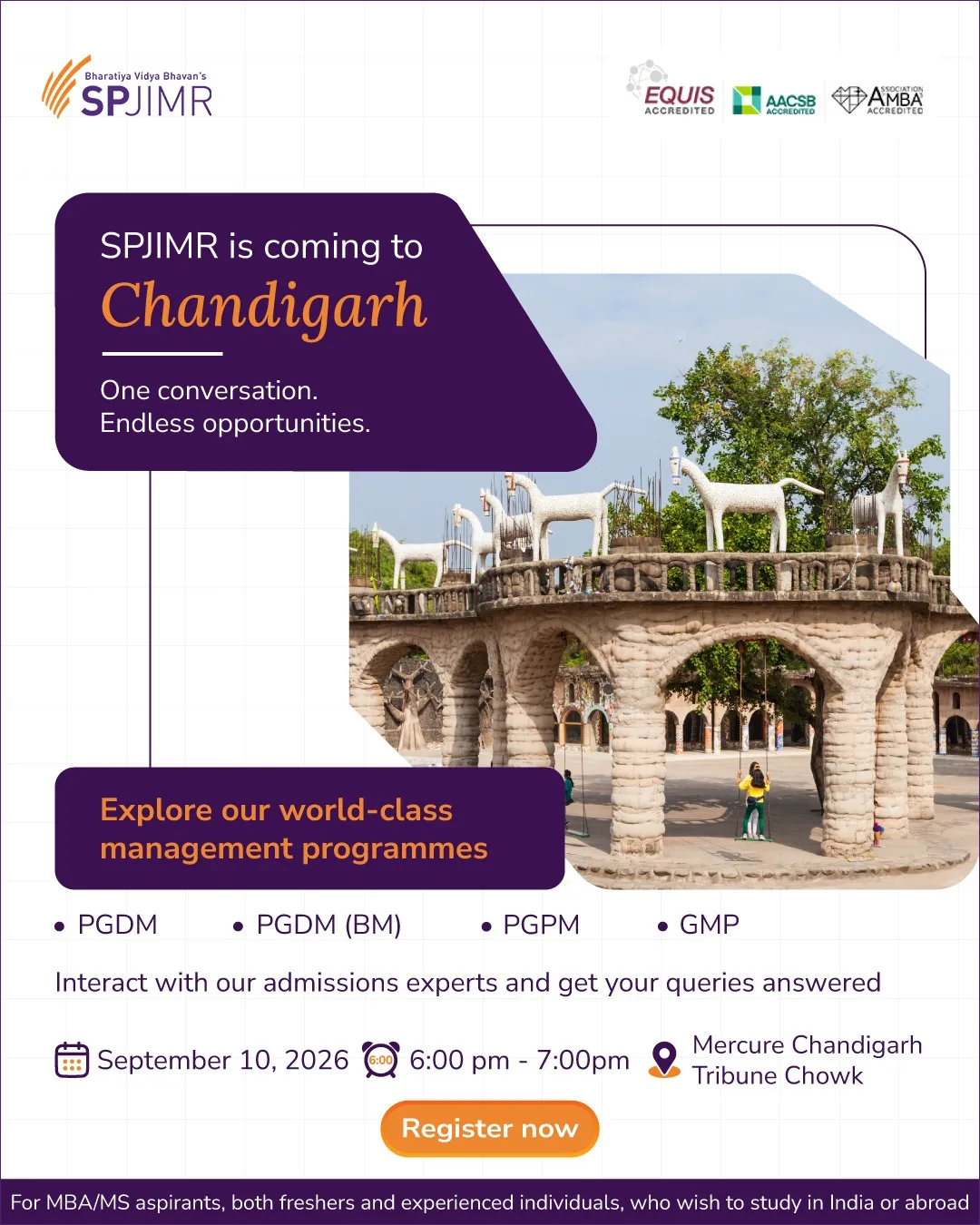 Promotional flyer for SPJIMR Chandigarh event with dates, time, venue, and a bold purple callout; includes a bridge sculpture image and a prominent 'Register now' button.