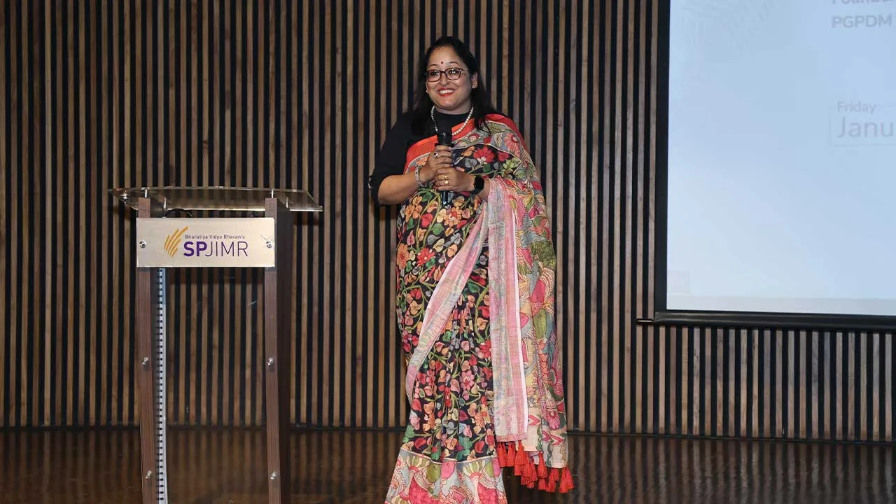 Bharti Singh Chauhan, Social Entrepreneur and SPJIMR alumna, speaking on women-led sustainability initiatives at SParc 2026.