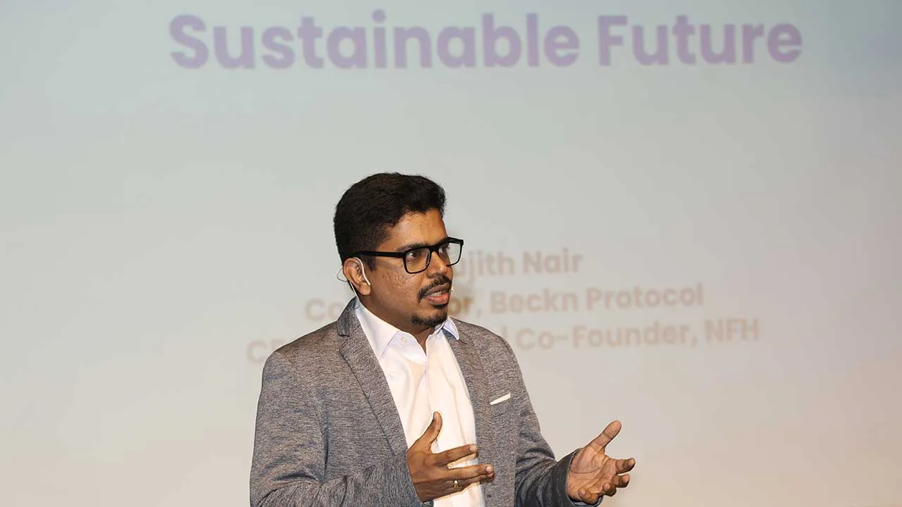 Sujith Nair, co-founder of FIDE, speaking on decentralised digital public infrastructure at SParc 2026, SPJIMR