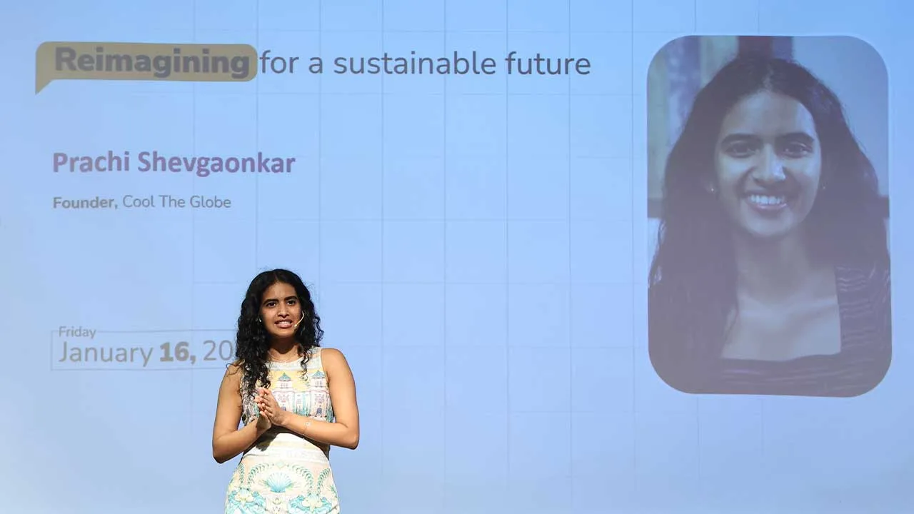 Prachi Shevgaonkar, Founder of Cool The Globe, addressing youth-led climate action at SParc 2026, SPJIMR Mumbai.