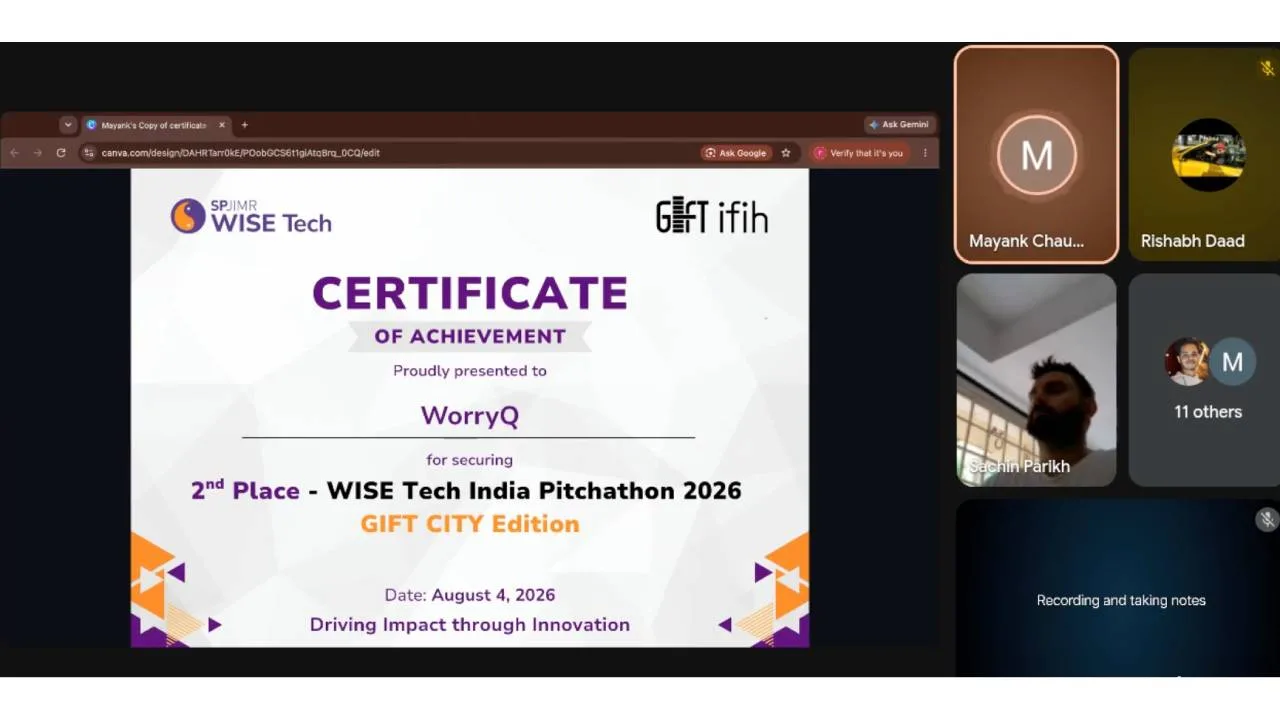 Certificate of Achievement slide for WorryQ, 2nd place at WISE Tech India Pitchathon 2026 (GIFT CITY Edition), dated August 4, 2026, with logos on top-left.