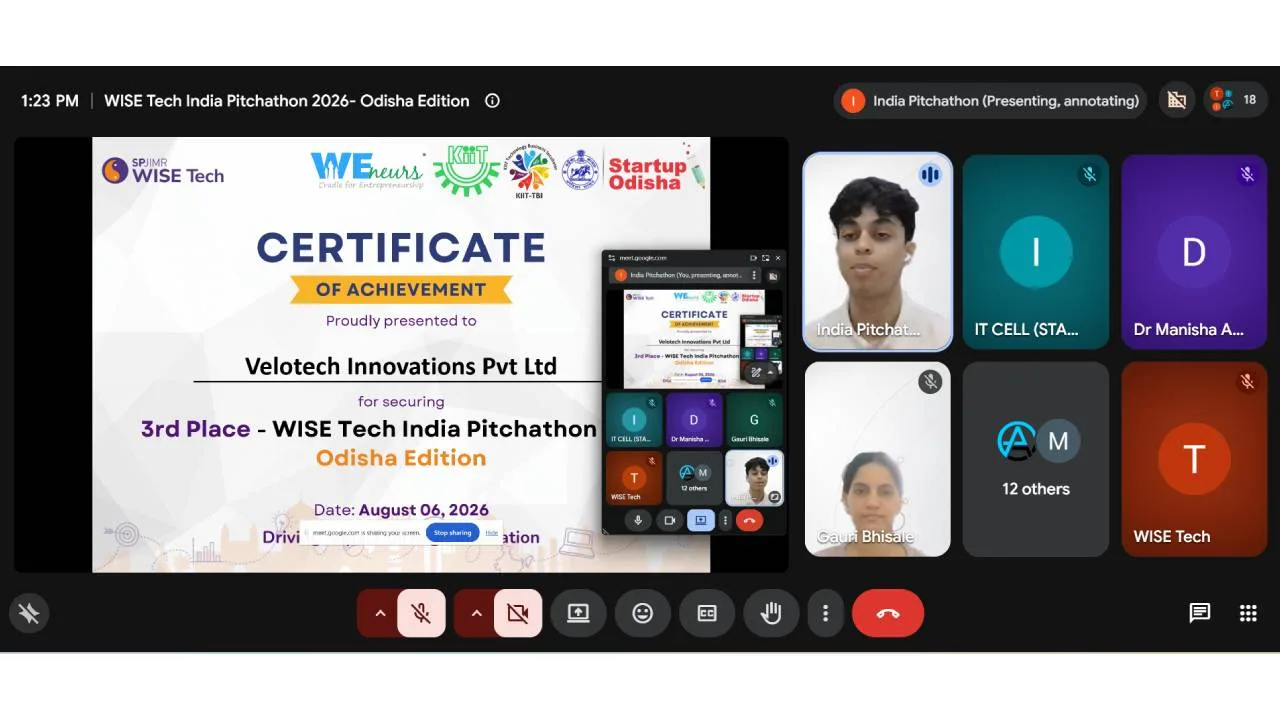 Screenshot of a virtual meeting presenting a 'Certificate of Achievement' slide to Velotech Innovations Pvt Ltd for 3rd Place at WISE Tech India Pitchathon Odisha Edition, with participant tiles on the right side.