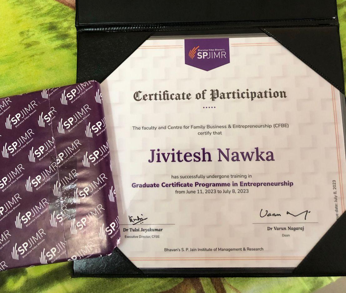 Certificate of Jivitesh Nawka, EnPower Batch 1 (formerly GCPE).